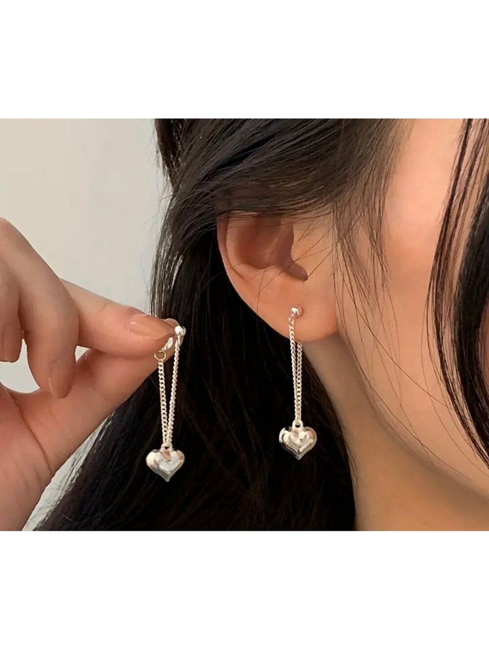 New - Silver Heart Chain Dangle Earrings - Beautiful Style